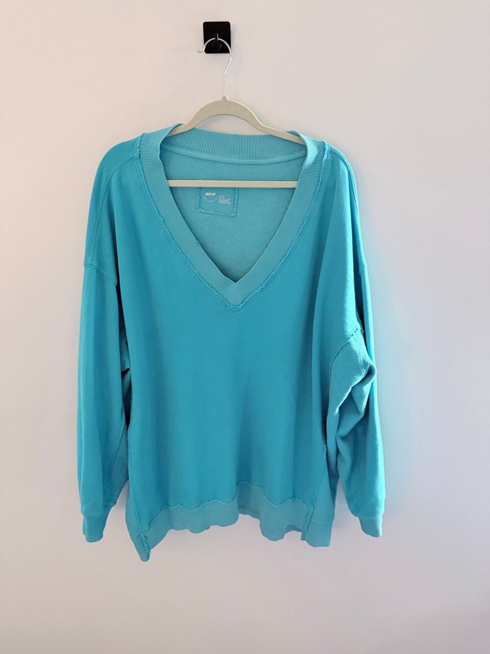 Aerie Oversized Bright Turquoise Blue Cozy Casual V-Neck Sweatshirt-Size XL